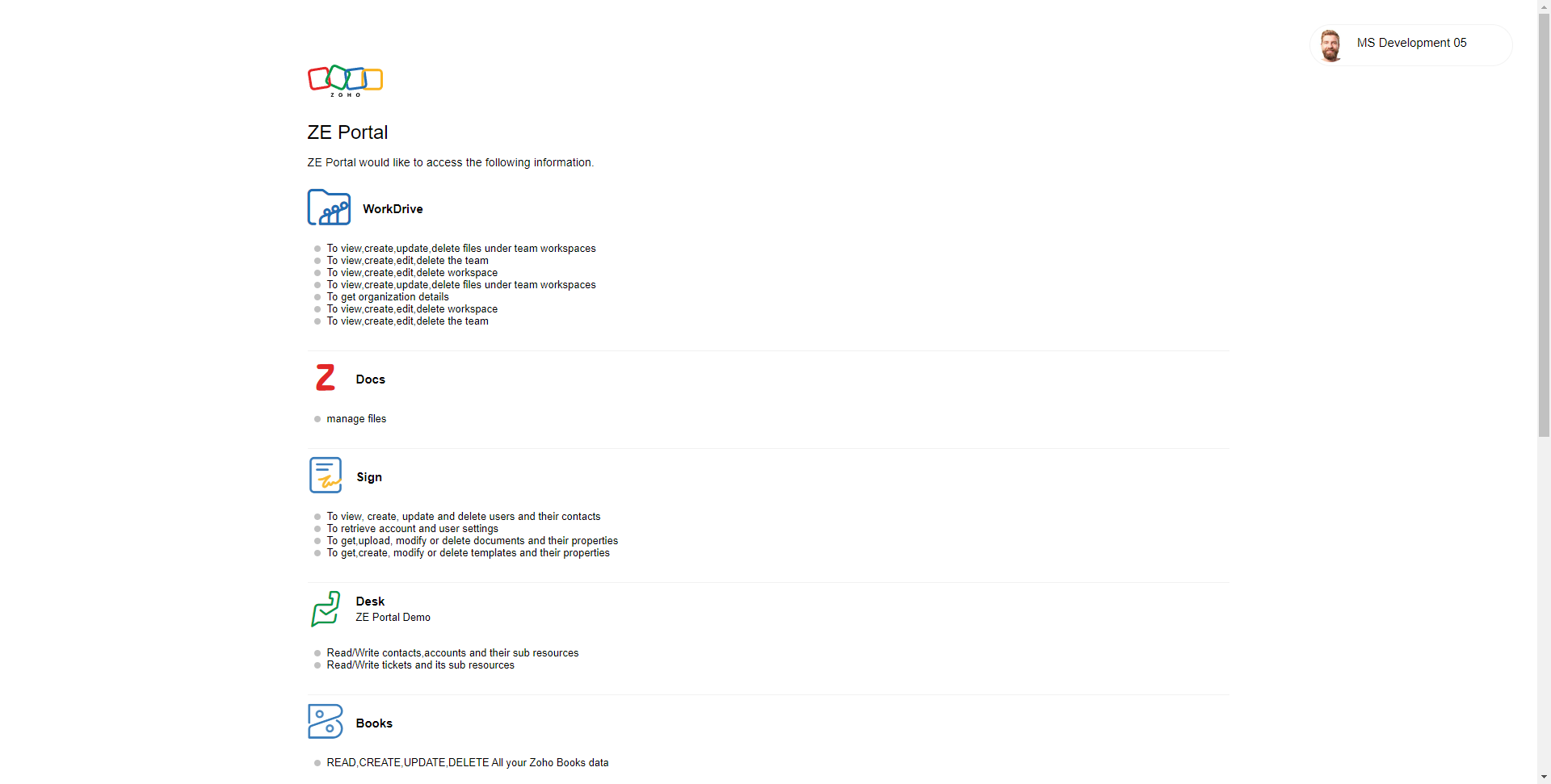 In the Popup window, you will see the permissions that ZE Portal needs to work with your Zoho Account
