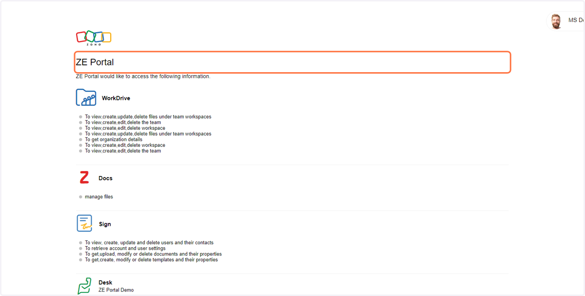 In the Popup window, you will see the permissions that ZE Portal needs to work with your Zoho Account