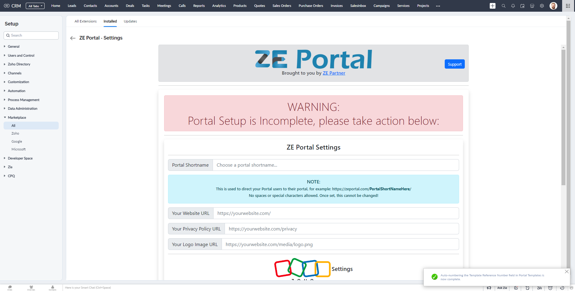 Now, the ZE Portal CRM Extension Settings will open
