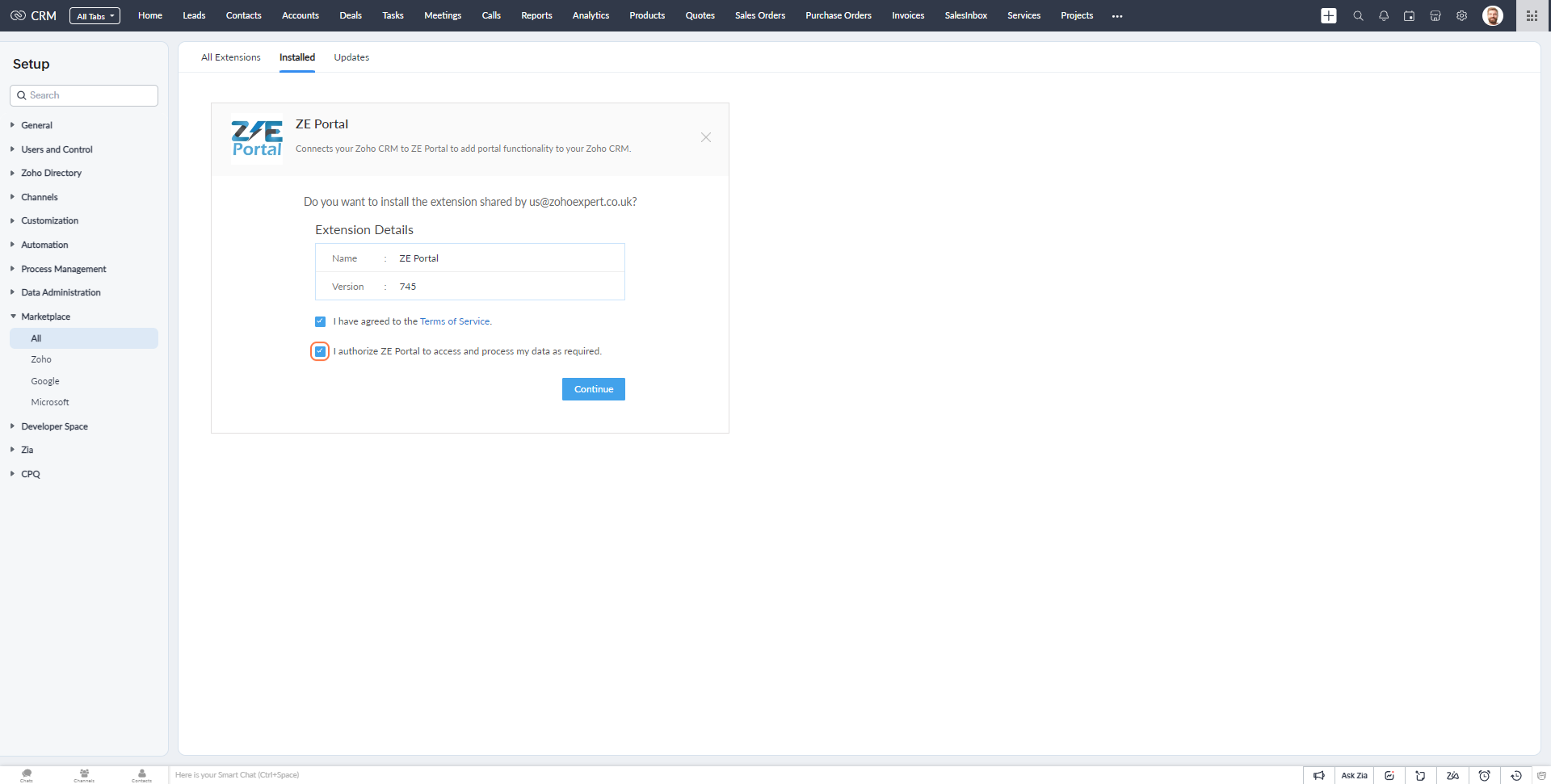 Check I authorize ZE Portal to access and process my data as required.