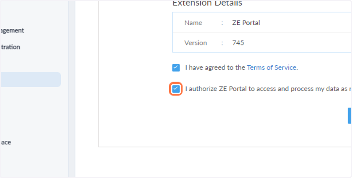 Check I authorize ZE Portal to access and process my data as required.