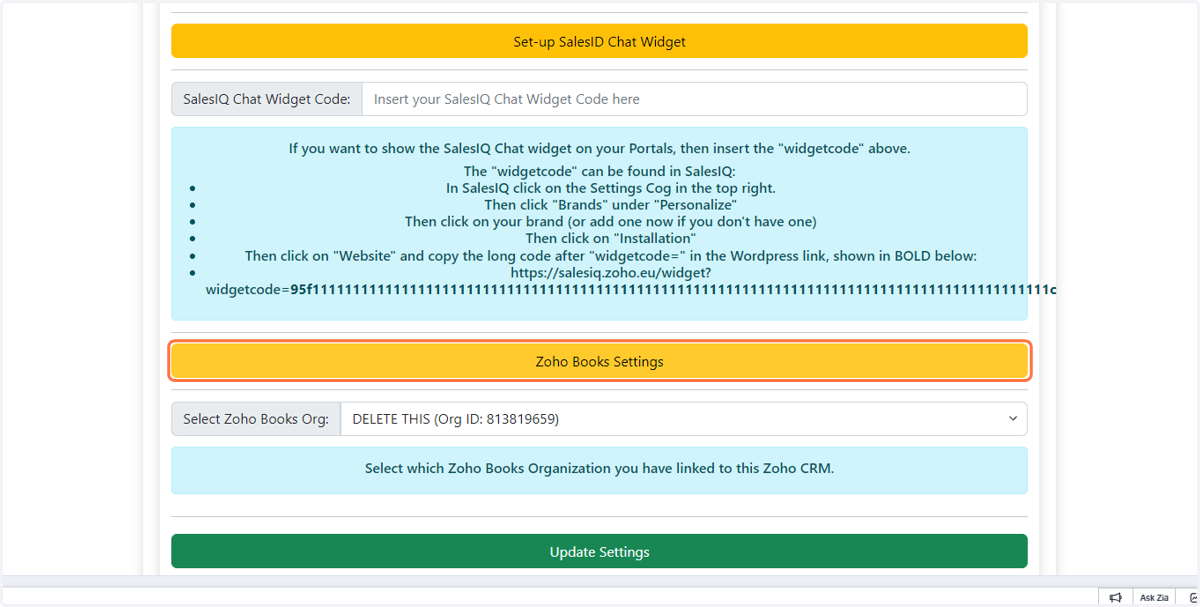 If you have multiple Zoho Books Organizations, select which Org to link to your ZE Portal account