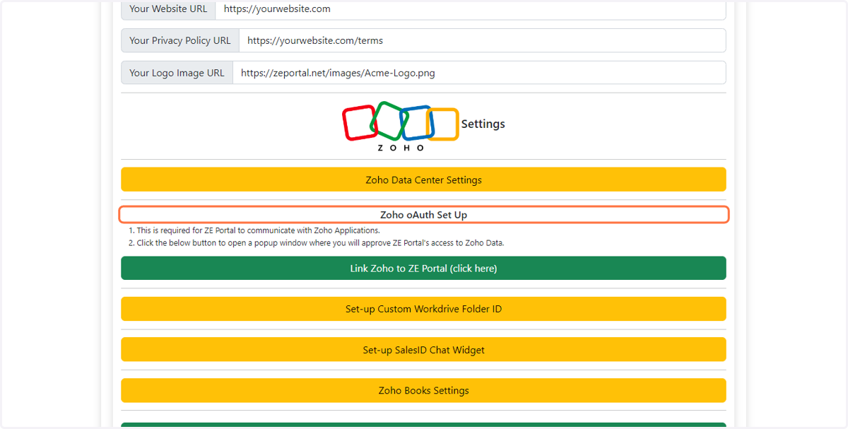 Set up the ZE Portal Website Zoho oAuth Connection