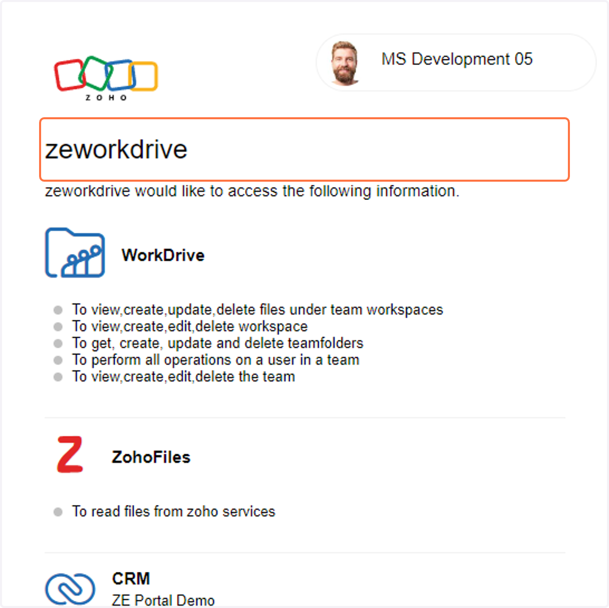 In the popup window, you will see all the permissions that ZE Portal needs