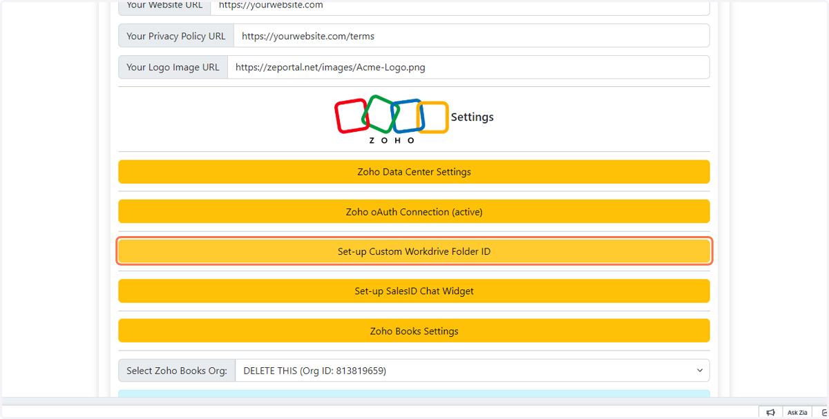 Click on Set-up Custom Workdrive Folder ID
