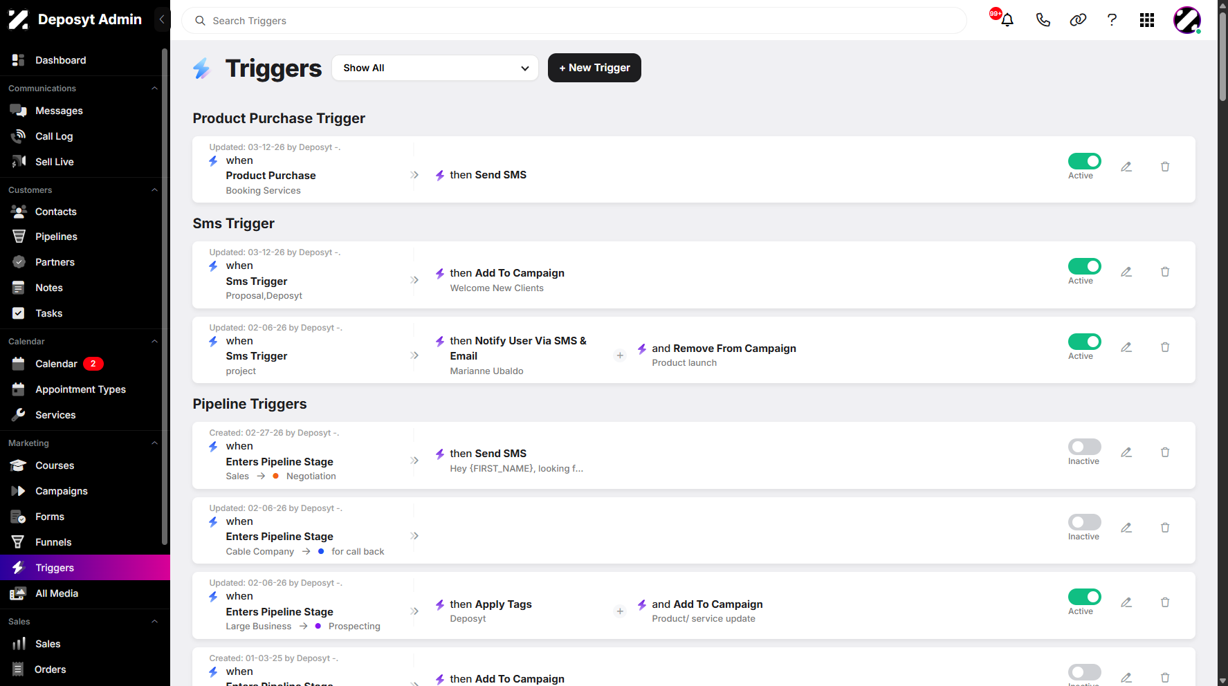 Step 1: On your Dashboard, navigate to the Triggers tab under the Marketing section.
