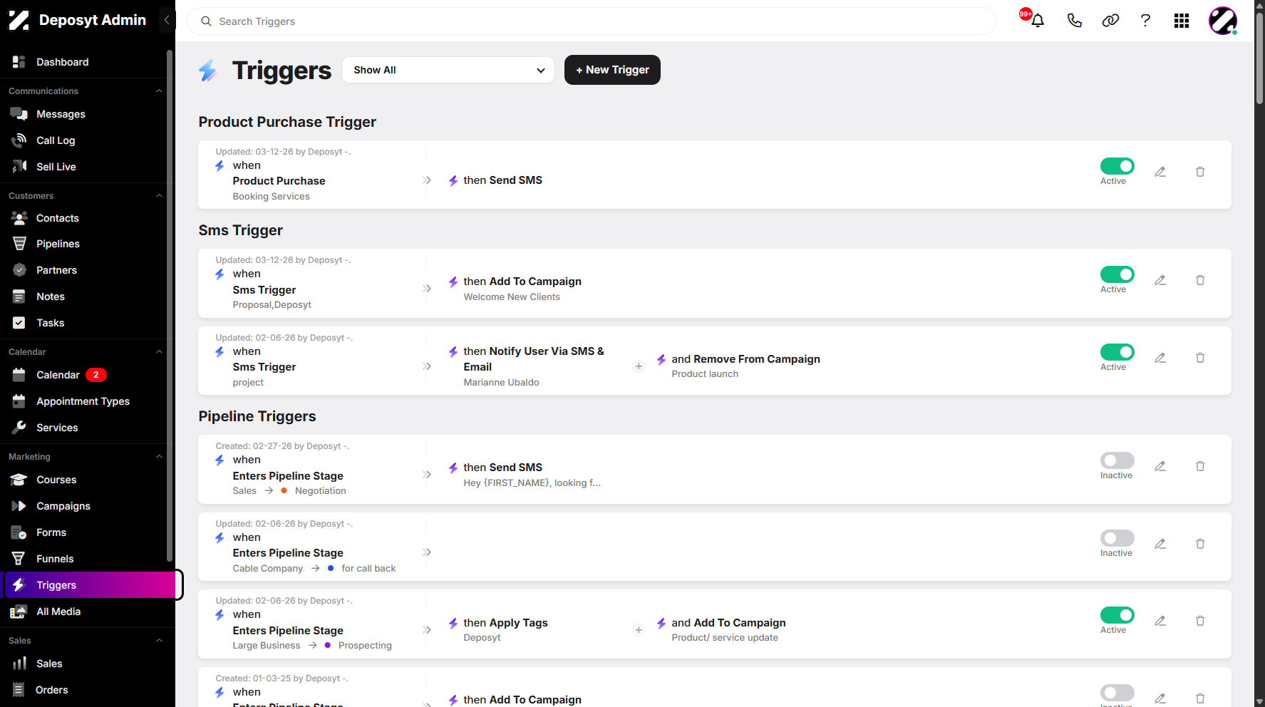 Step 1: On your Dashboard, navigate to the Triggers tab under the Marketing section.