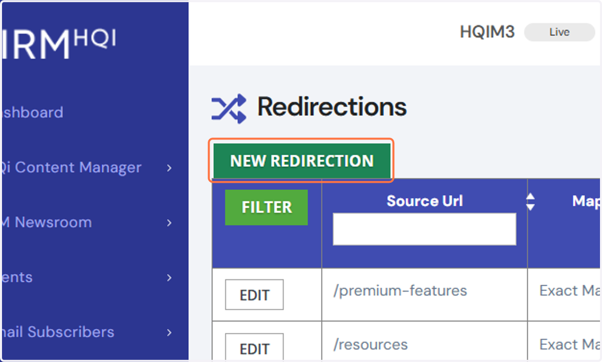 Click on NEW REDIRECTION