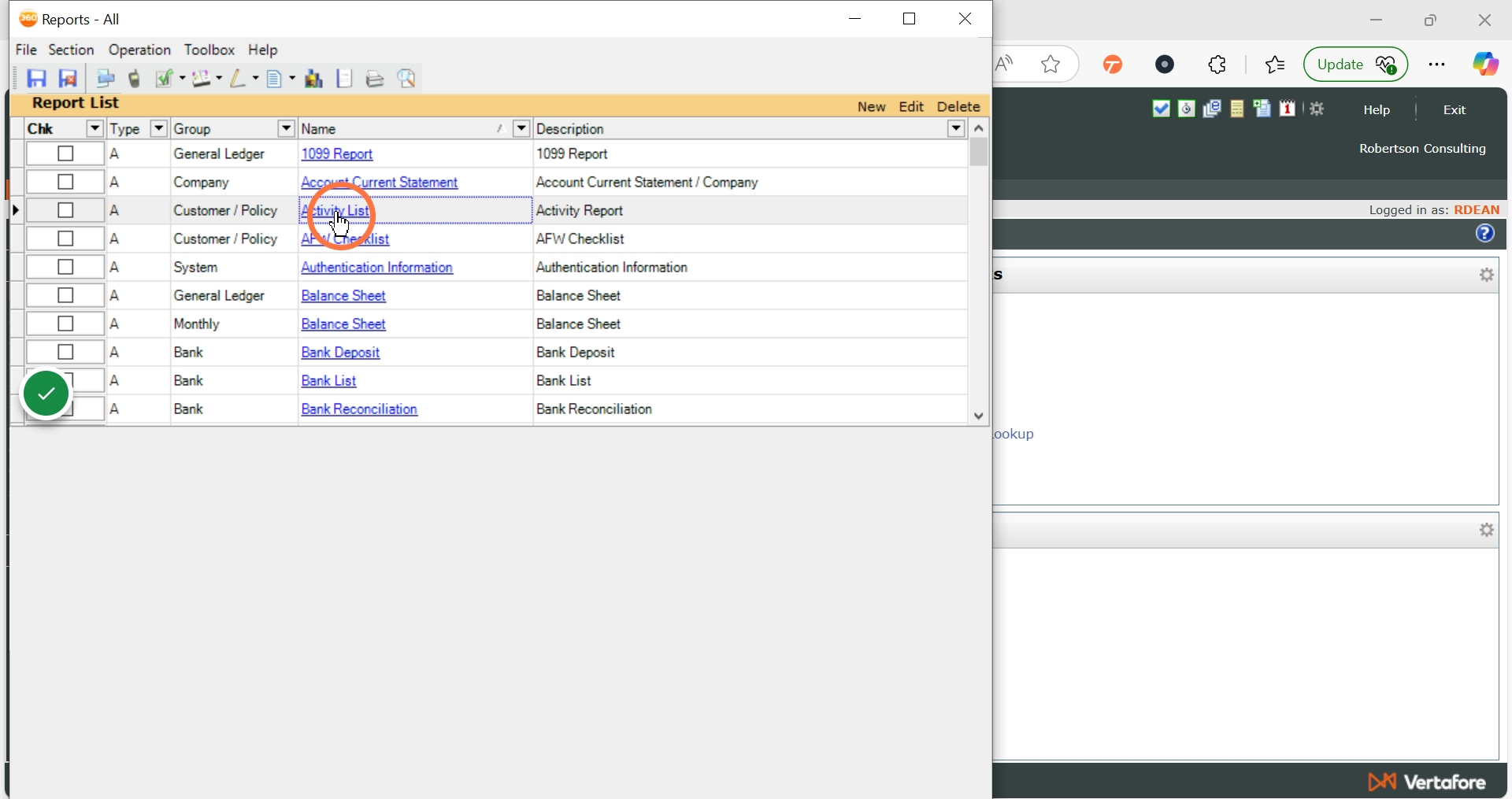Select Activity List (under the Customer/Policy Group)