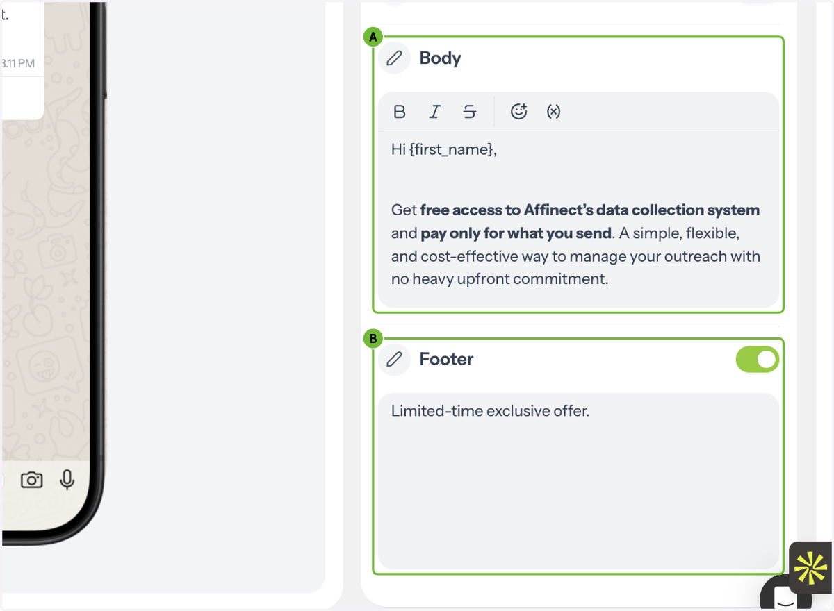 A. Customize Your Message B. Write your body text and footer