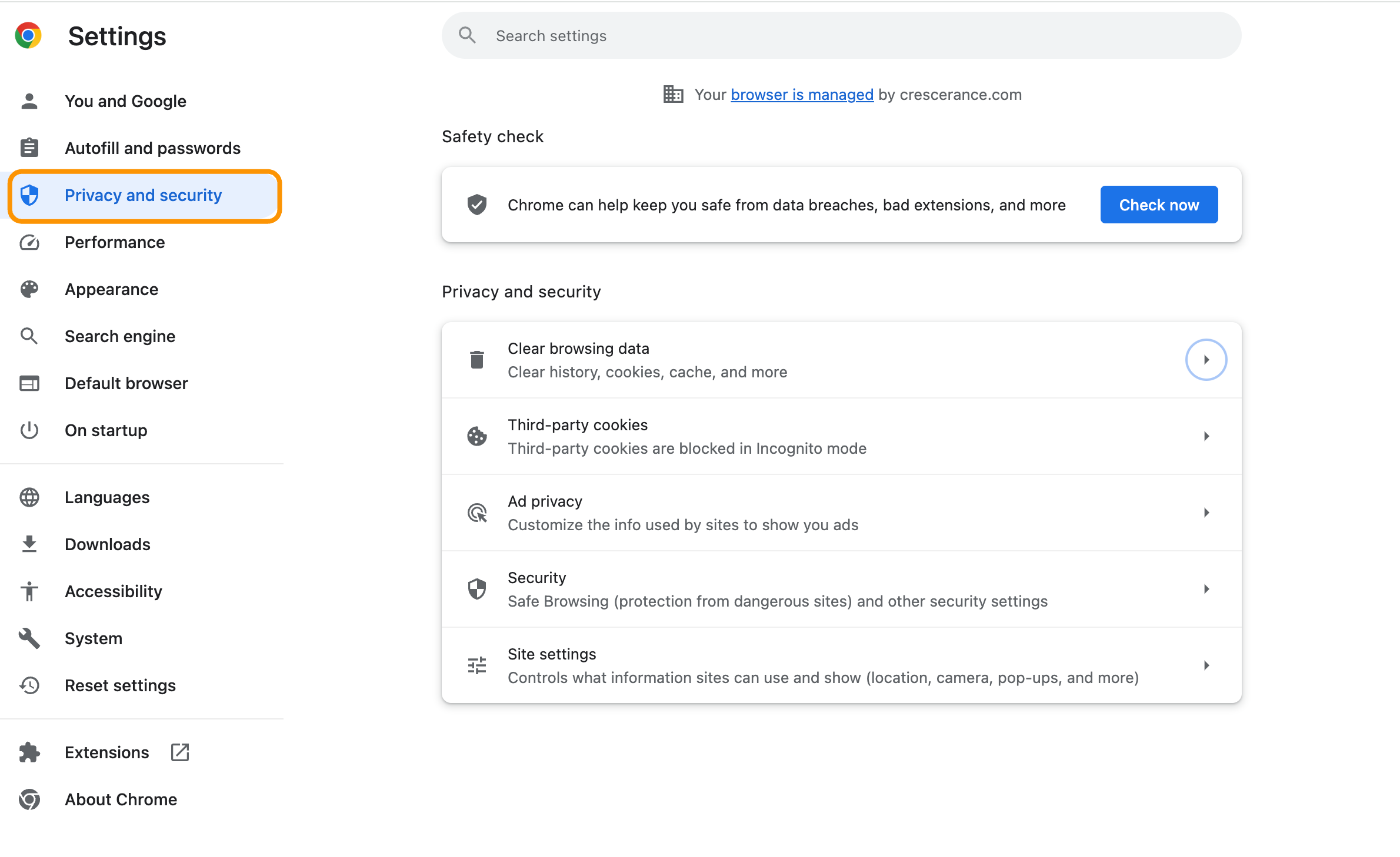 Click on Privacy and Security and then Clear Browsing data