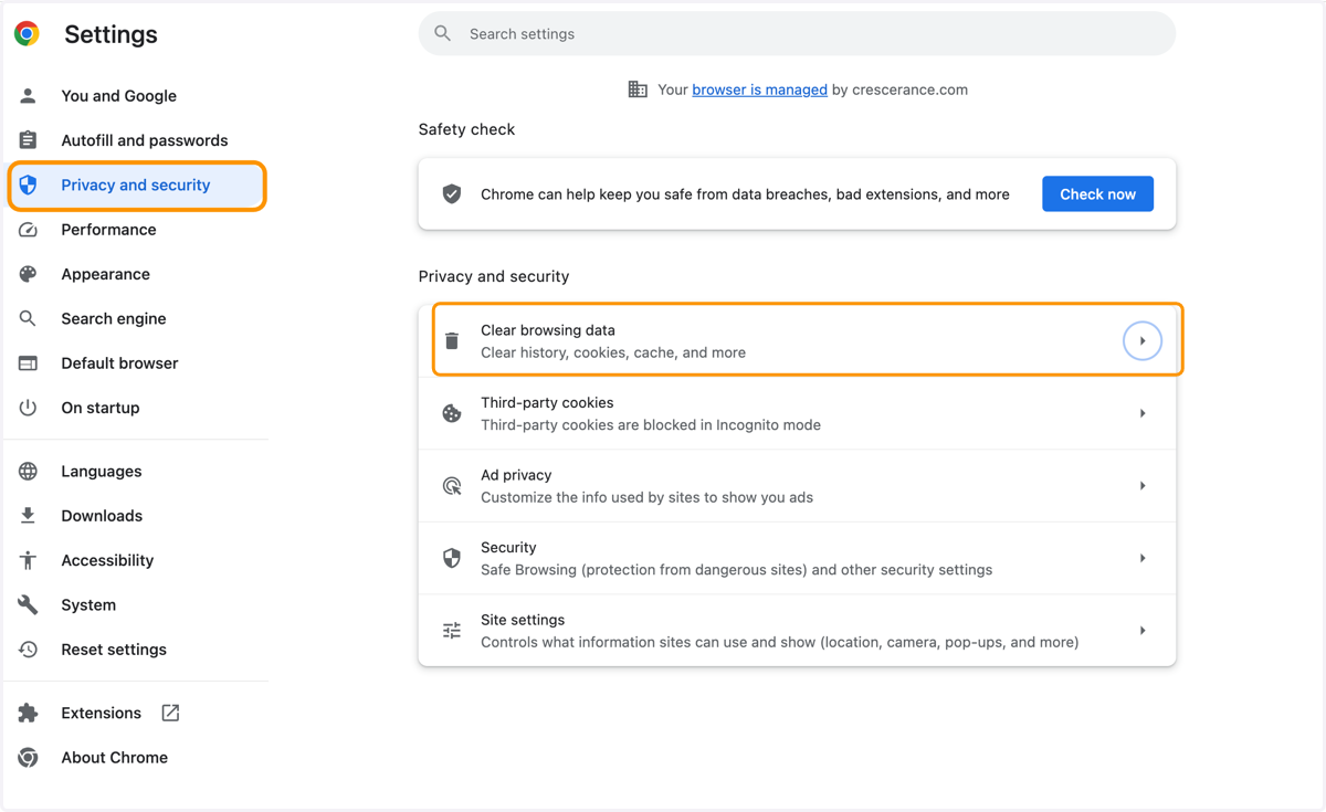 Click on Privacy and Security and then Clear Browsing data