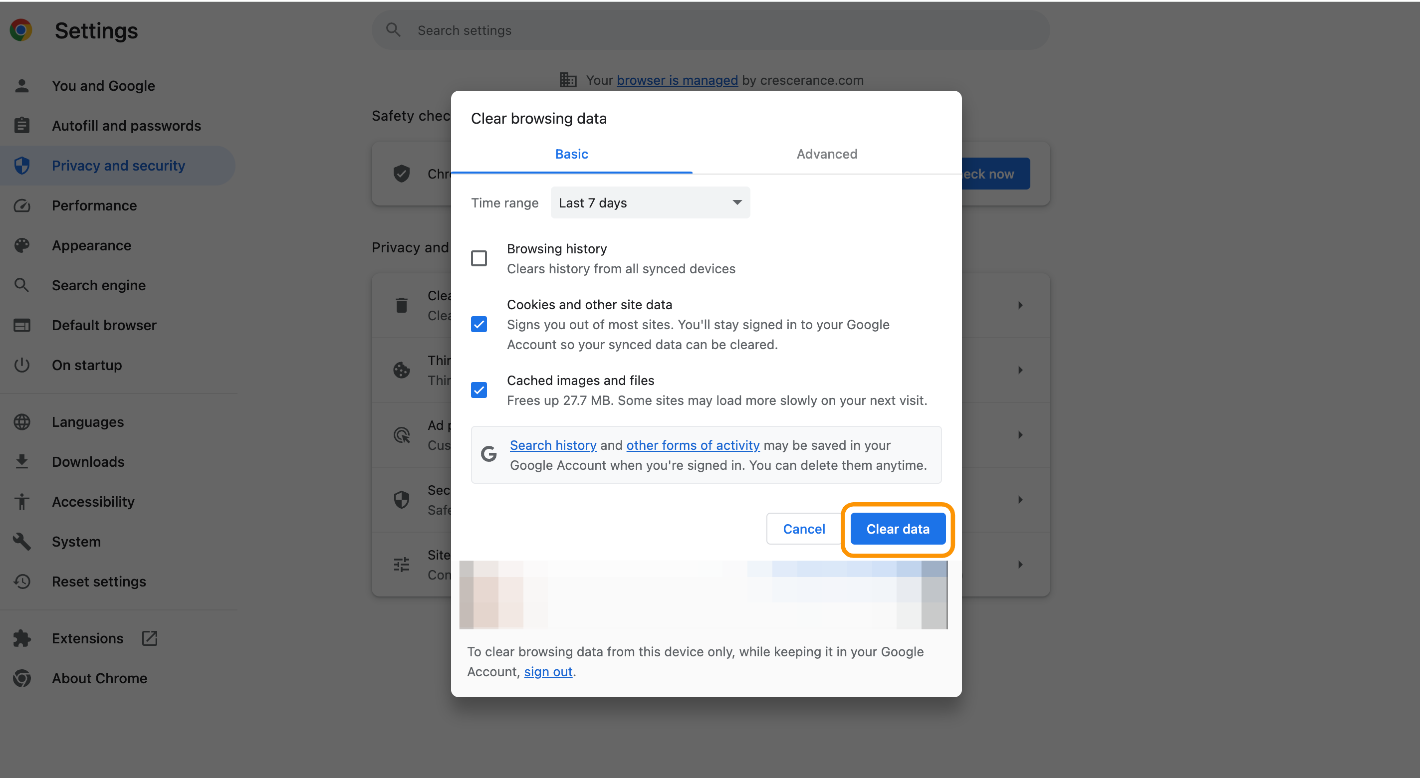 Check boxes for Cookies and Cached files and then click on Clear Data