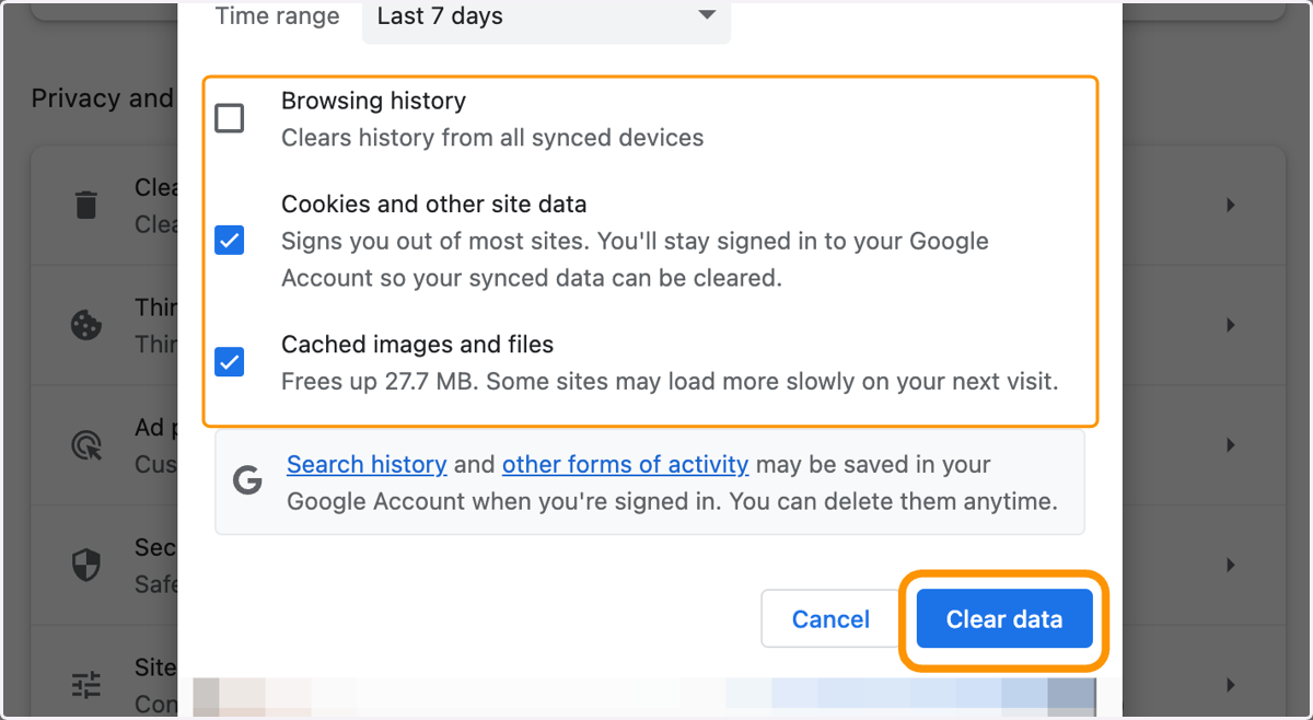 Check boxes for Cookies and Cached files and then click on Clear Data