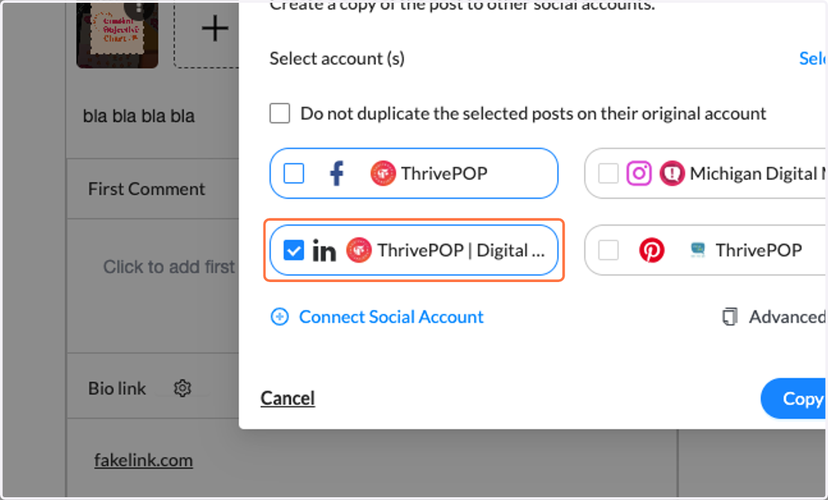 Click on Copy Post - Select accounts you want this post on