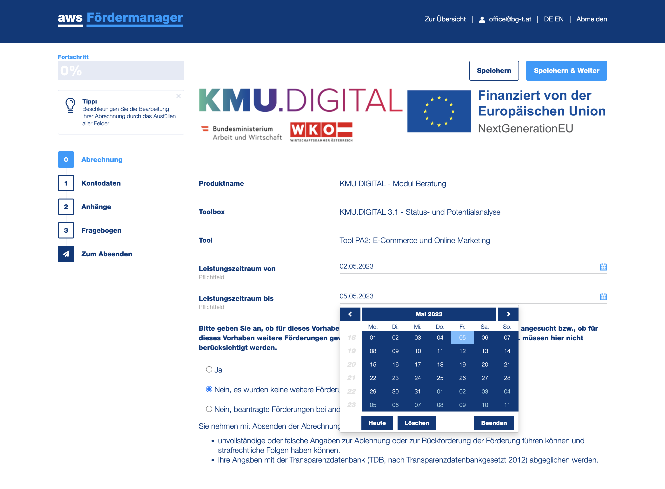 Wählen Sie den Beratungszeitpunkt bzw. Beratungszeitraum aus.