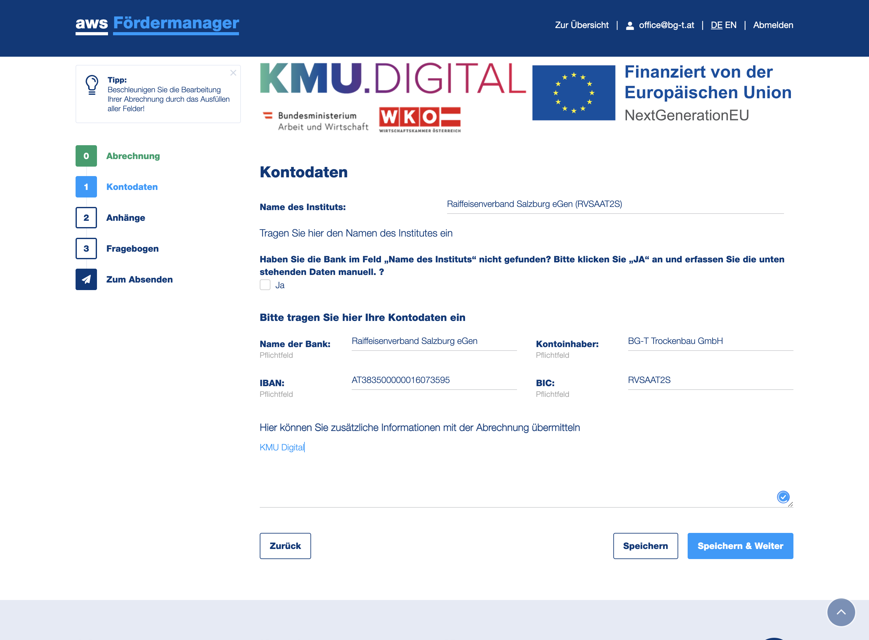 Sie können eine zusätzliche Information angeben, um die Zahlung später leichter zuzuordnen. (z.B. KMU Digital Förderung)