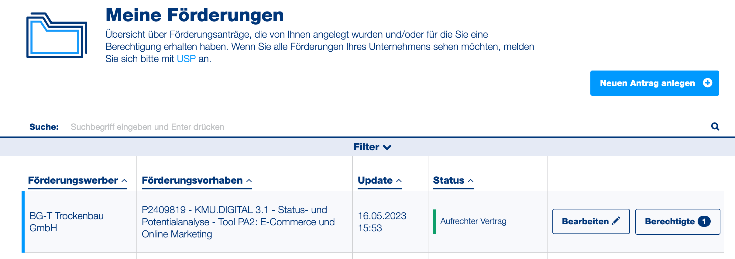 Klicken Sie auf den KMU Förderungsantrag.