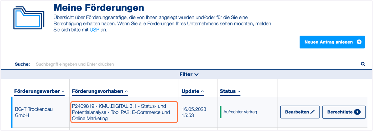 Klicken Sie auf den KMU Förderungsantrag.