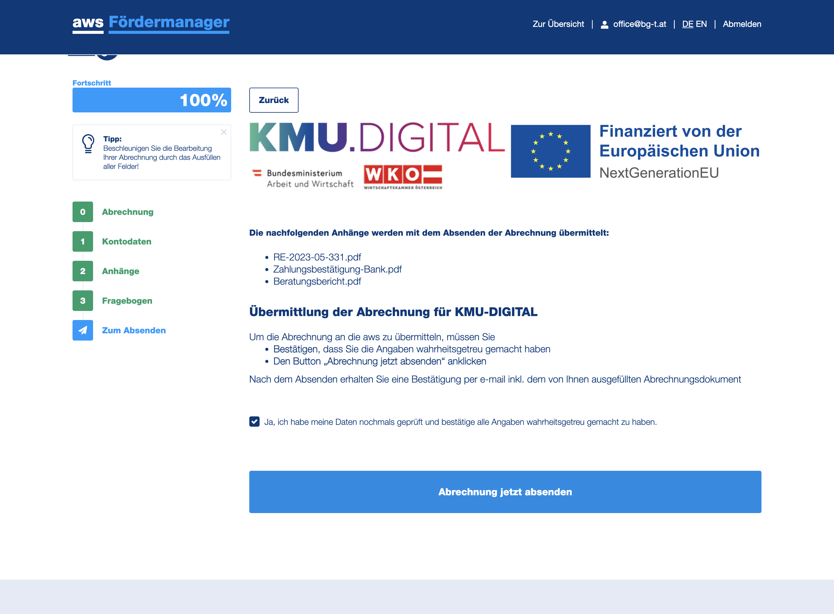 Klicken Sie "Abrechnung jetzt absenden".