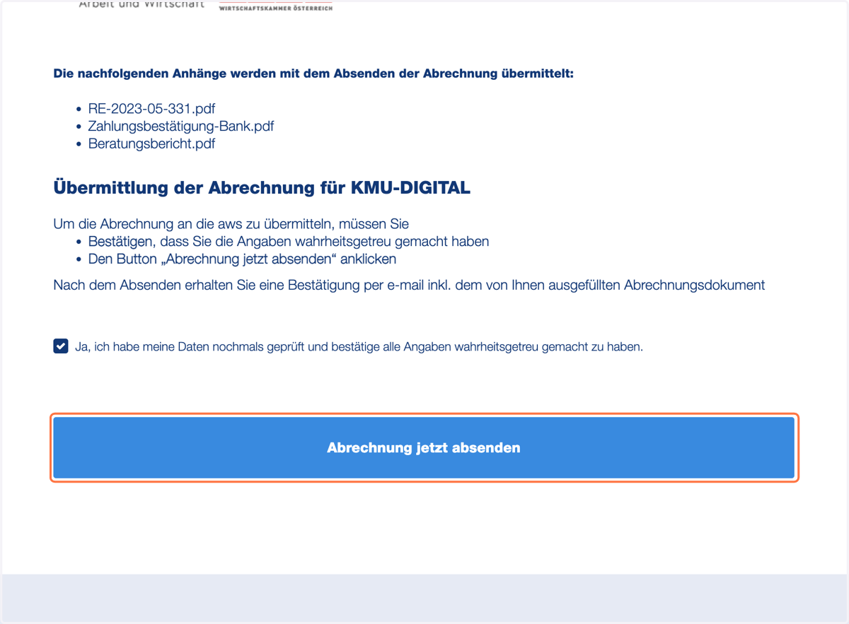 Klicken Sie "Abrechnung jetzt absenden".