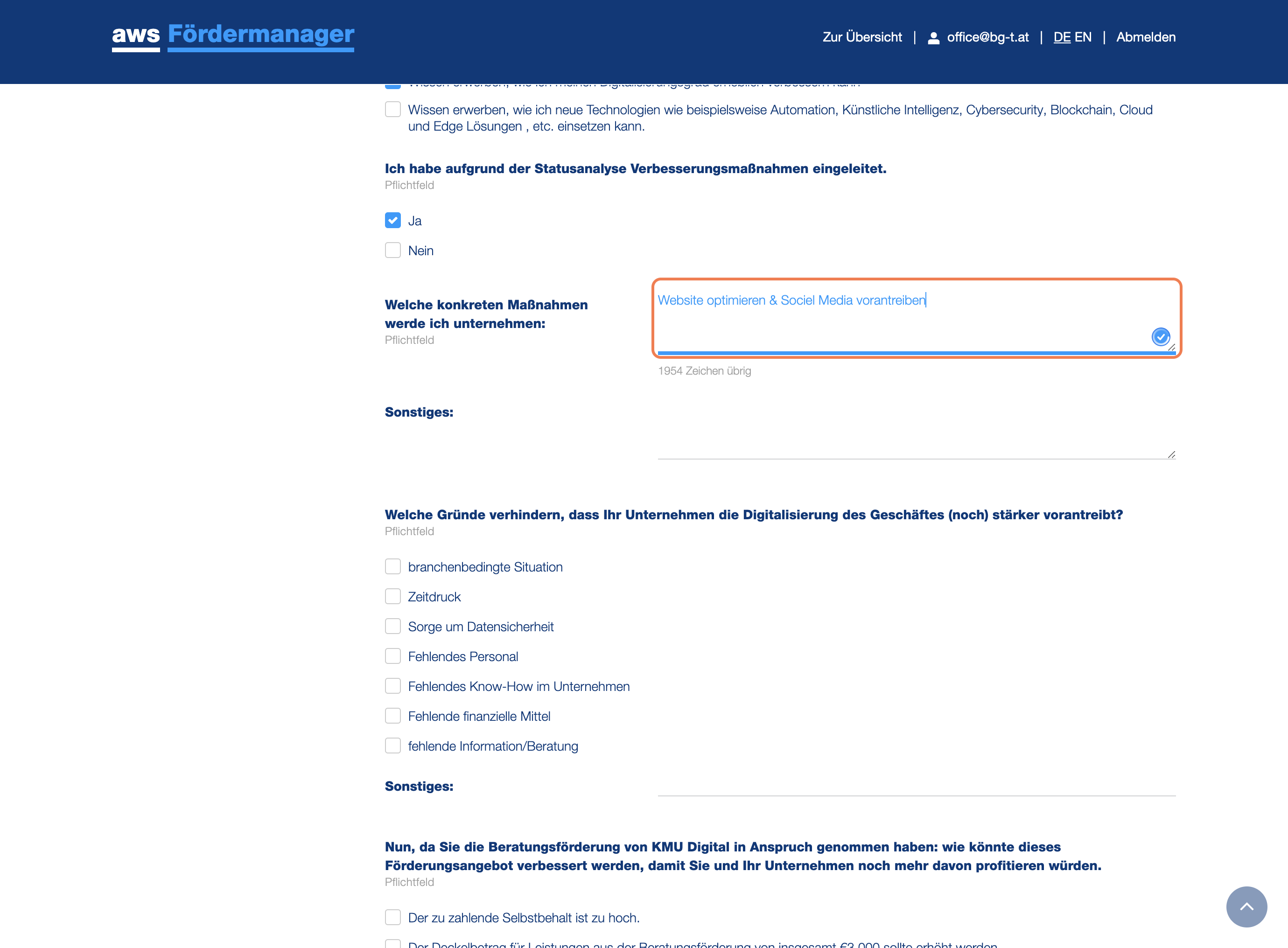 Bitte fügen Sie mind. eine Maßnahmen ein, die Sie aus dem Beratungsprotokoll ergeben hat. (z.B. Website Optimierung, Social Media Optimierung, Online Shop Überarbeitung,... etc.)