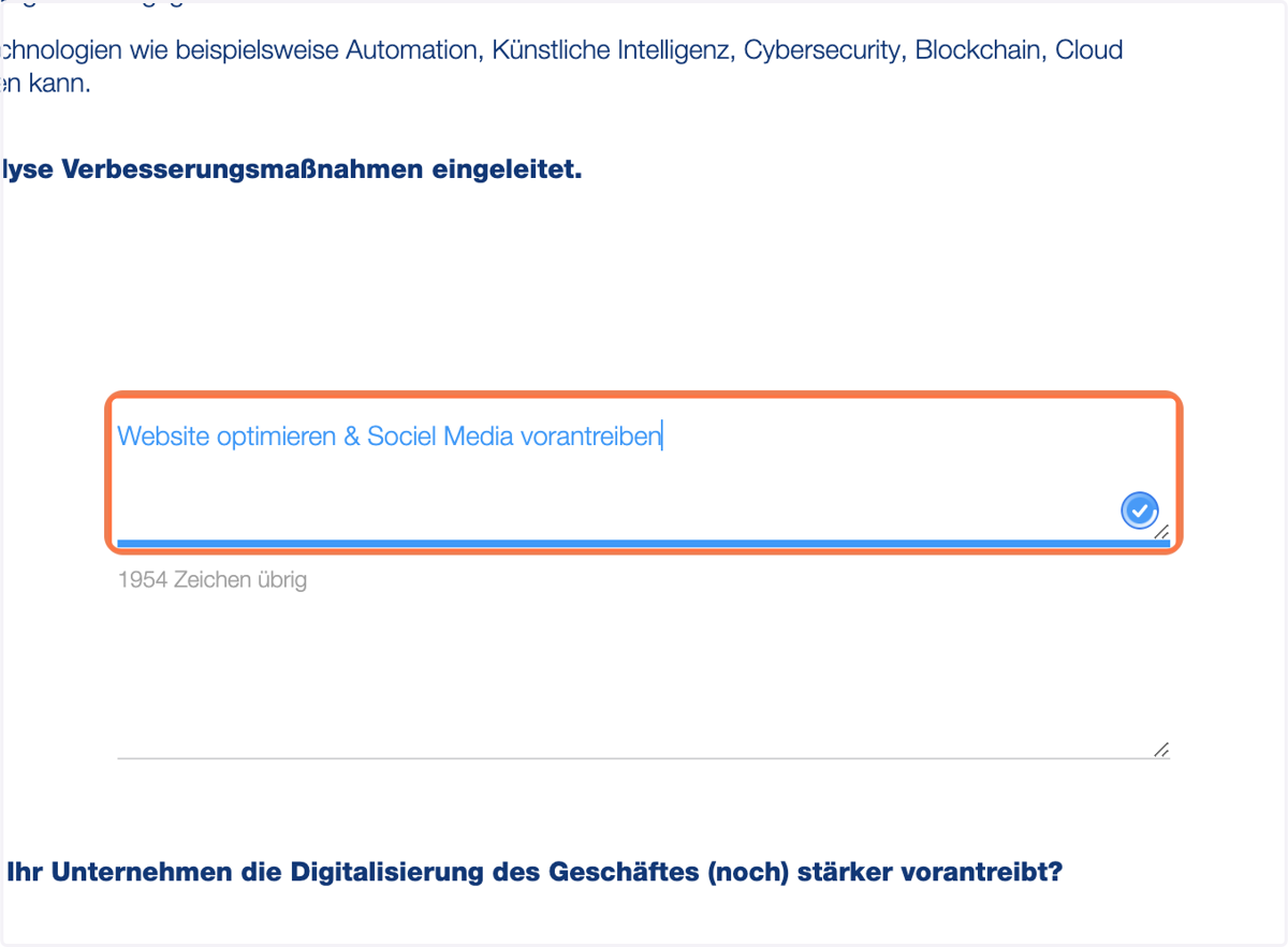Bitte fügen Sie mind. eine Maßnahmen ein, die Sie aus dem Beratungsprotokoll ergeben hat. (z.B. Website Optimierung, Social Media Optimierung, Online Shop Überarbeitung,... etc.)