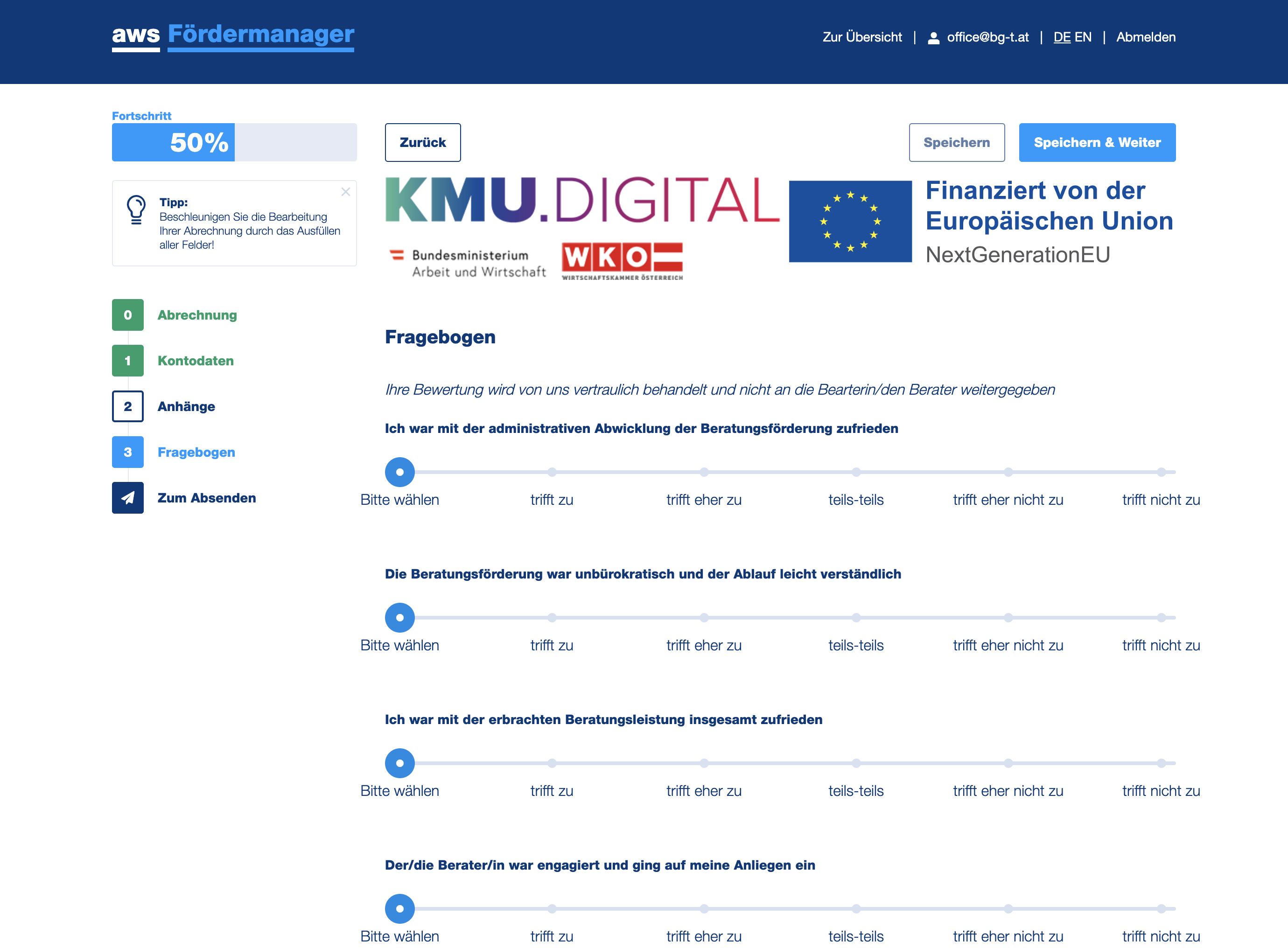 Im letzten Schritt wird ein Feedback Fragenbogen ausgefüllt.