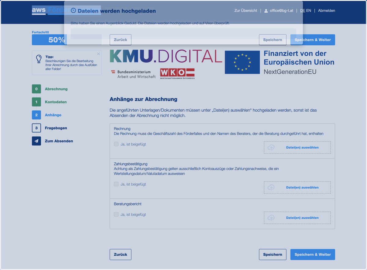 In diesem Schritt werden drei Dokumente hochgeladen: - Rechnung von SEEL - Zahlungs- bzw. Überweisungsbestätigung der Rechnung - Beratungsprotokoll (erhalten Sie per E-Mail) Bitte achten Sie darauf die Checkbox "Ja, ist beigefügt" anzuhaken.