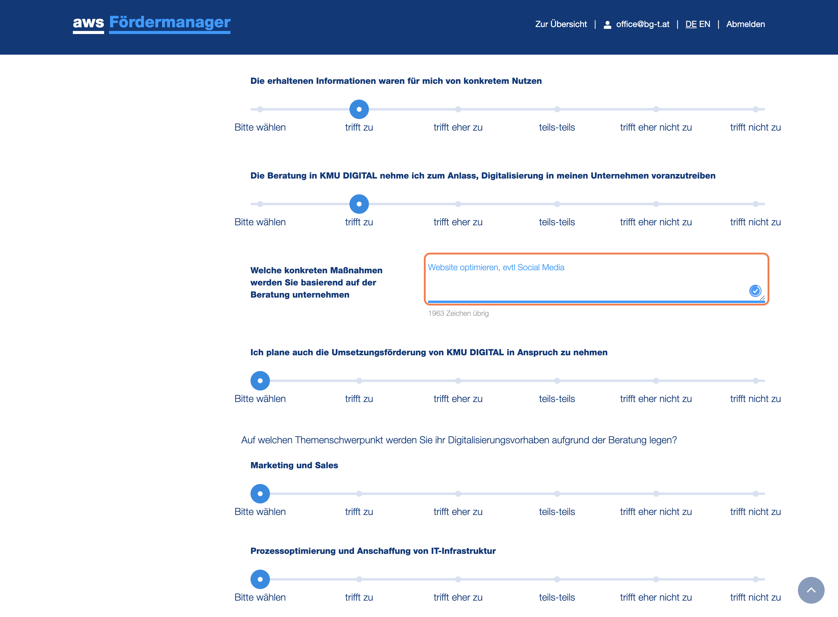 Bitte fügen Sie mind. eine Maßnahmen ein, die Sie aus dem Beratungsprotokoll ergeben hat. (z.B. Website Optimierung, Social Media Optimierung, Online Shop Überarbeitung,... etc.)