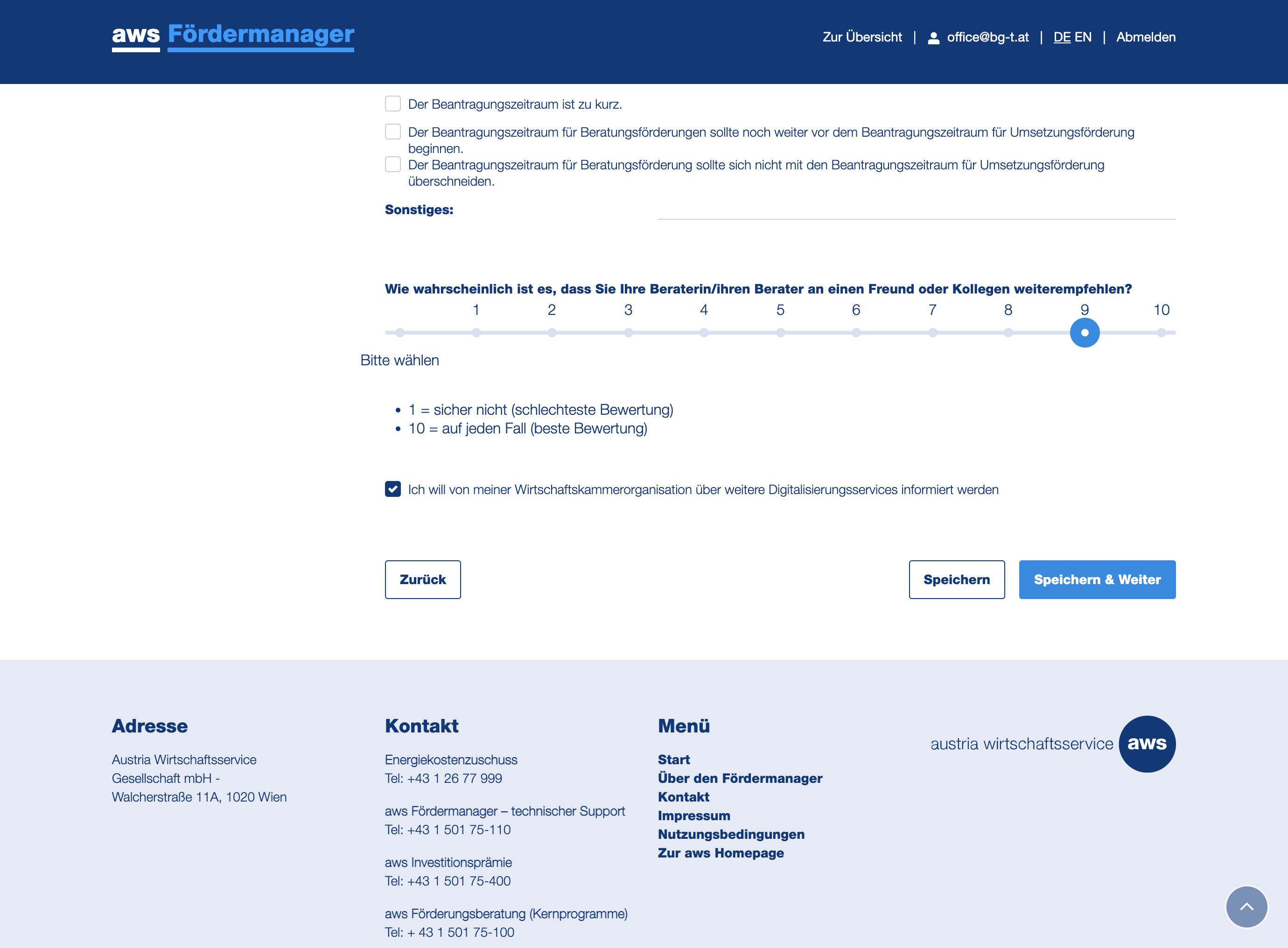 Wenn Sie alle Fragen beantwortet haben, klicken Sie bitte "Speichern & Weiter".