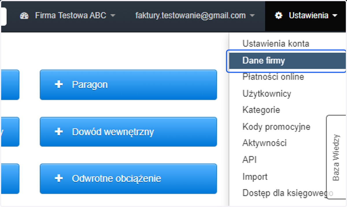 Następnie z listy wybierz Dane firmy, by przejść na listę firm/działów dodanych w ramach konta.