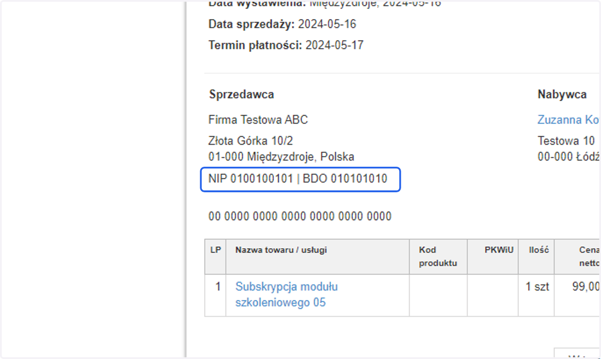 Numer BDO będzie widoczny na dokumencie w danych Sprzedawcy obok NIP.