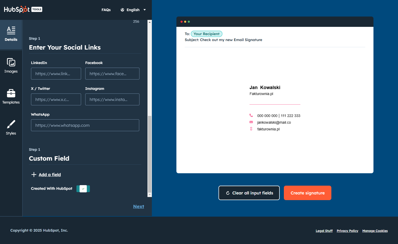 Pamiętaj, aby odznaczyć checkbox przy opcji 'Create With HubSpot', jeśli nie chcesz, by stopka programu pojawiała się w Twoim projekcie.
