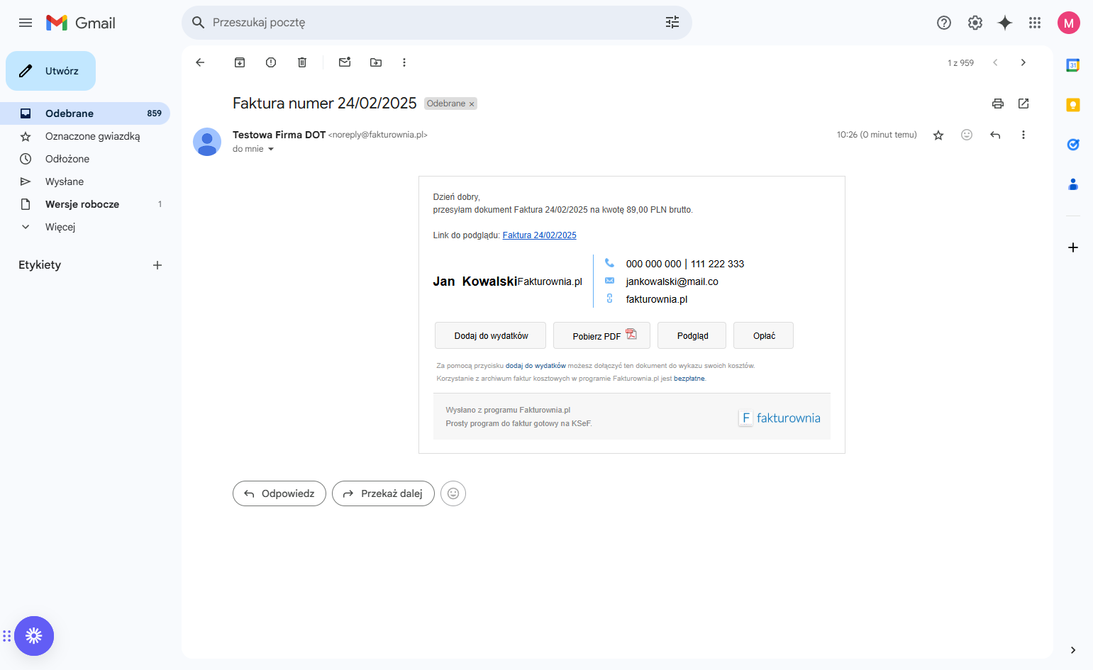 Zanim wyślesz fakturę do kontrahenta, zweryfikuj czy wyświetlanie stopki działa prawidłowo, wysyłając ją np. na swój adres e-mail. W naszym przykładowym mailu z fakturą, stopka wyświetla się zgodnie z projektem.