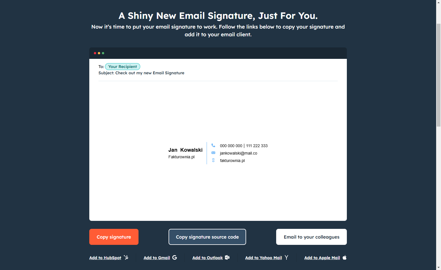 Aby pobrać kod HTML, kliknij opcję 'Copy signature source code'.