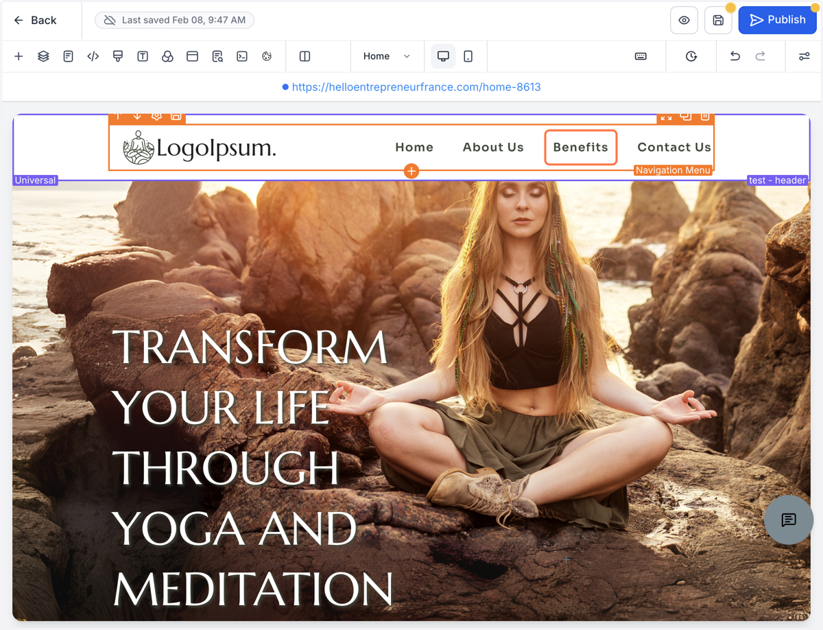 Klik på den orange ramme i din header for at redigere selve menu-punkterne