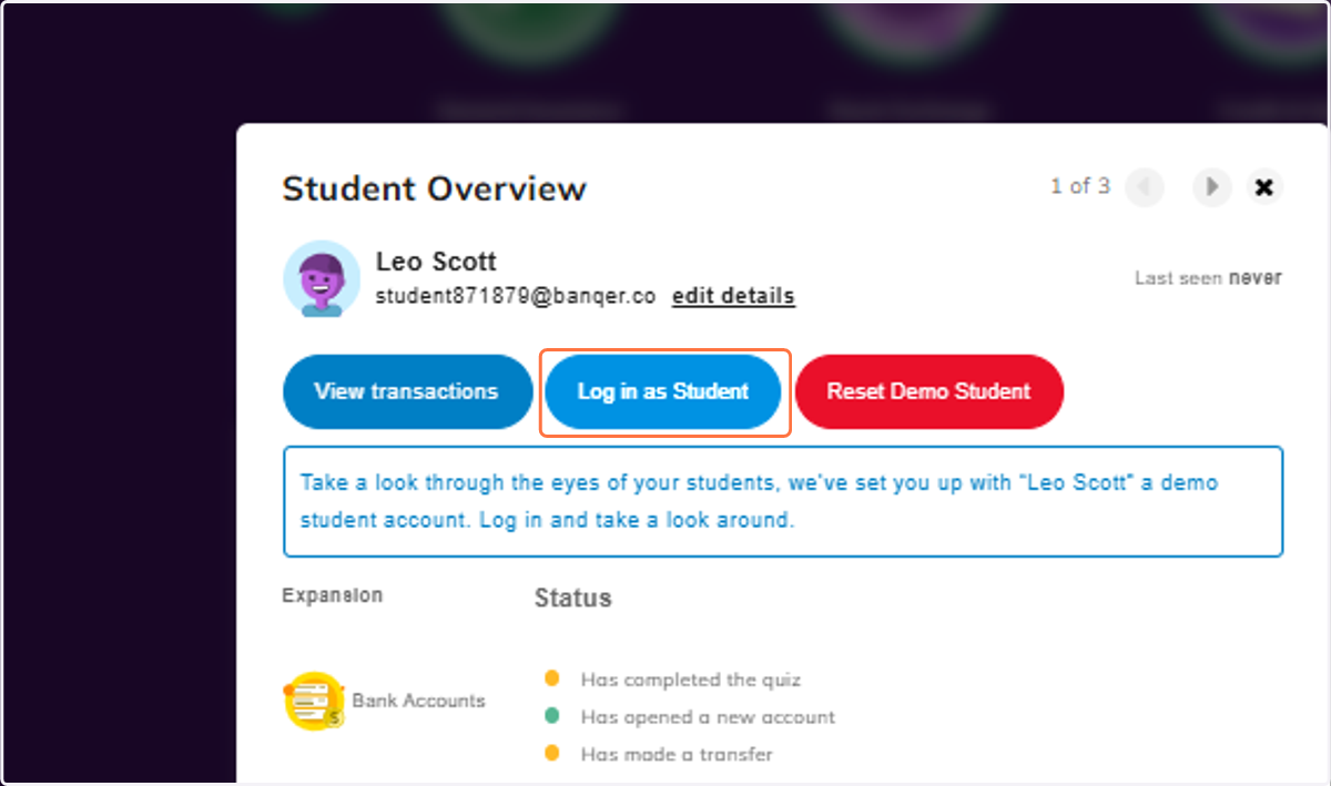 This will open up the Student Overview for Leo. Click on Log in as Student.