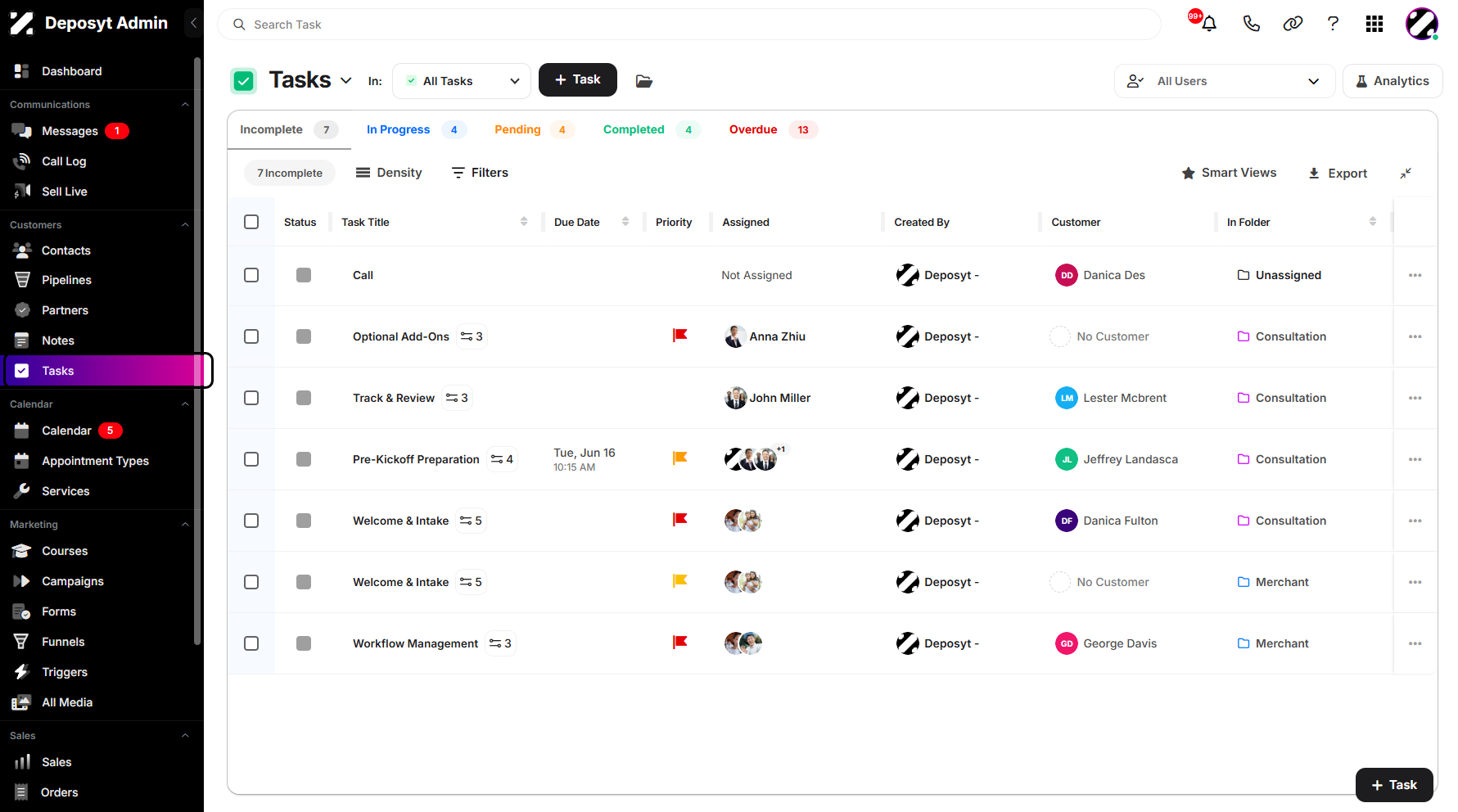 Step 1: On your Dashboard, navigate to the Tasks tab under the Customers section.