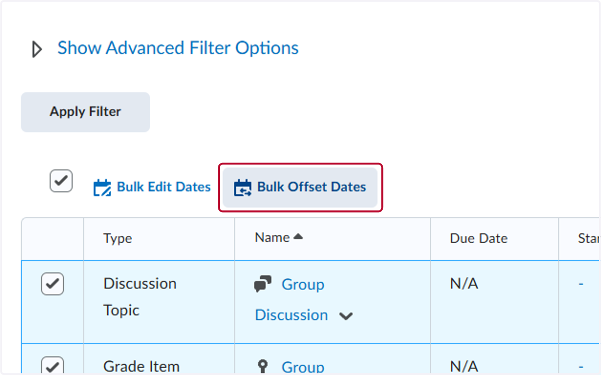 Click on Bulk Offset Dates