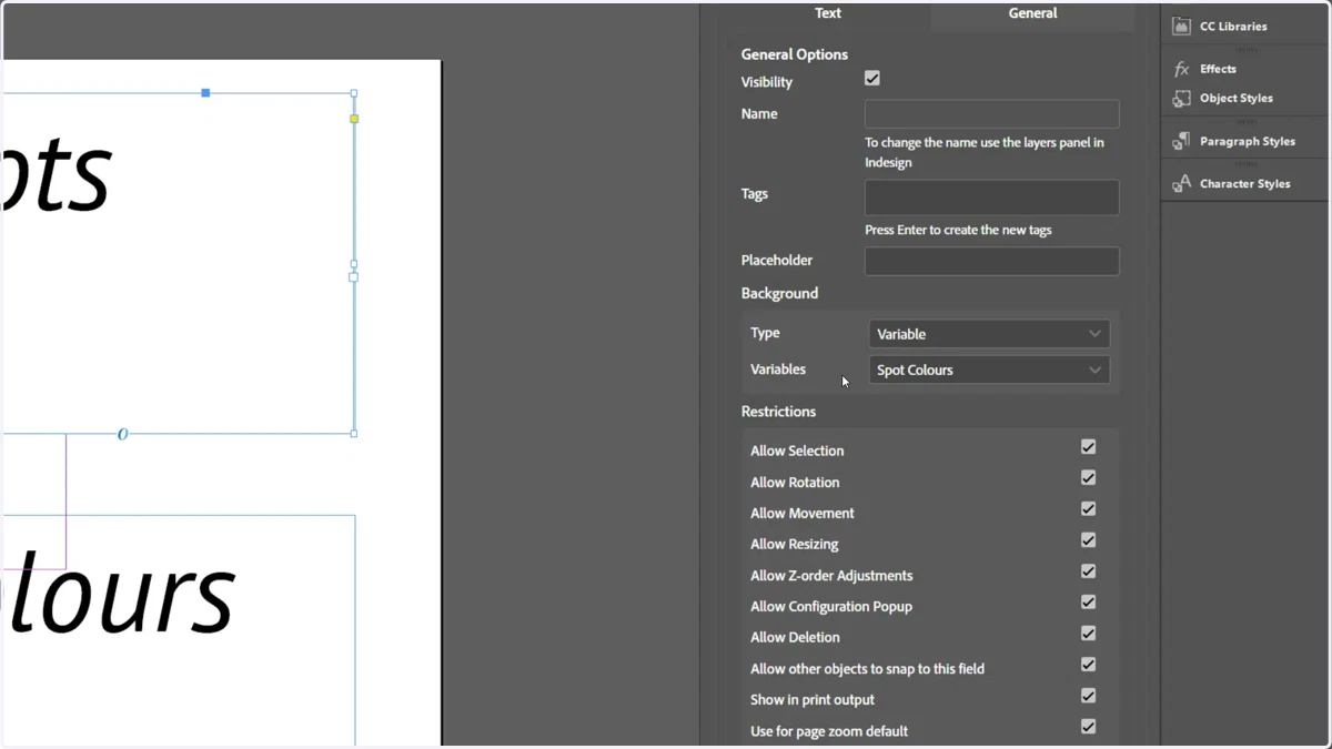 In our example, the field background has been linked to the Spot Colours variable.