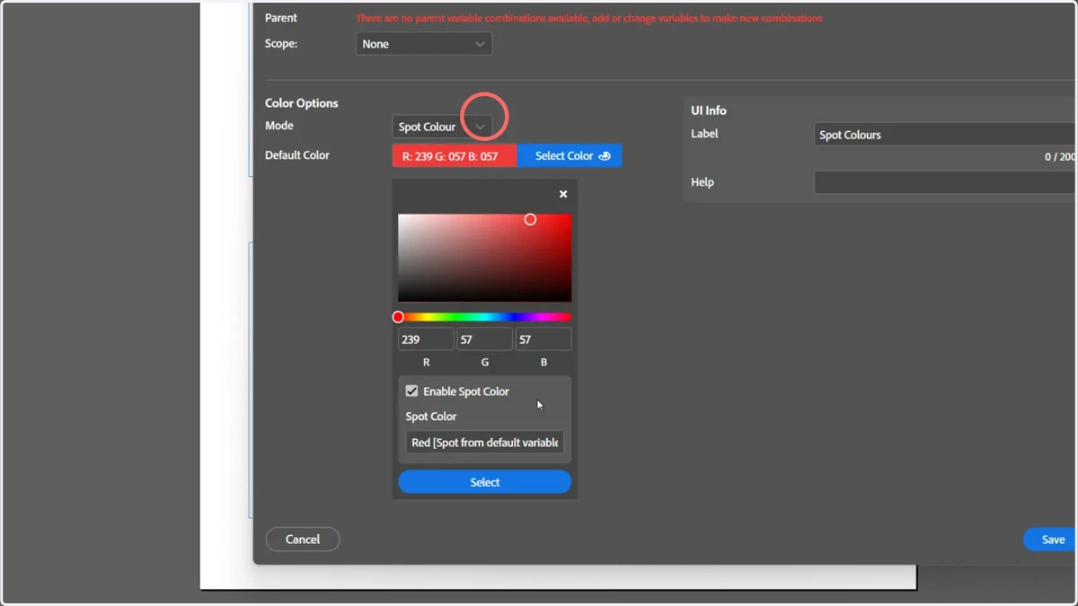 Within a variable is one example of another location spot colours can be defined