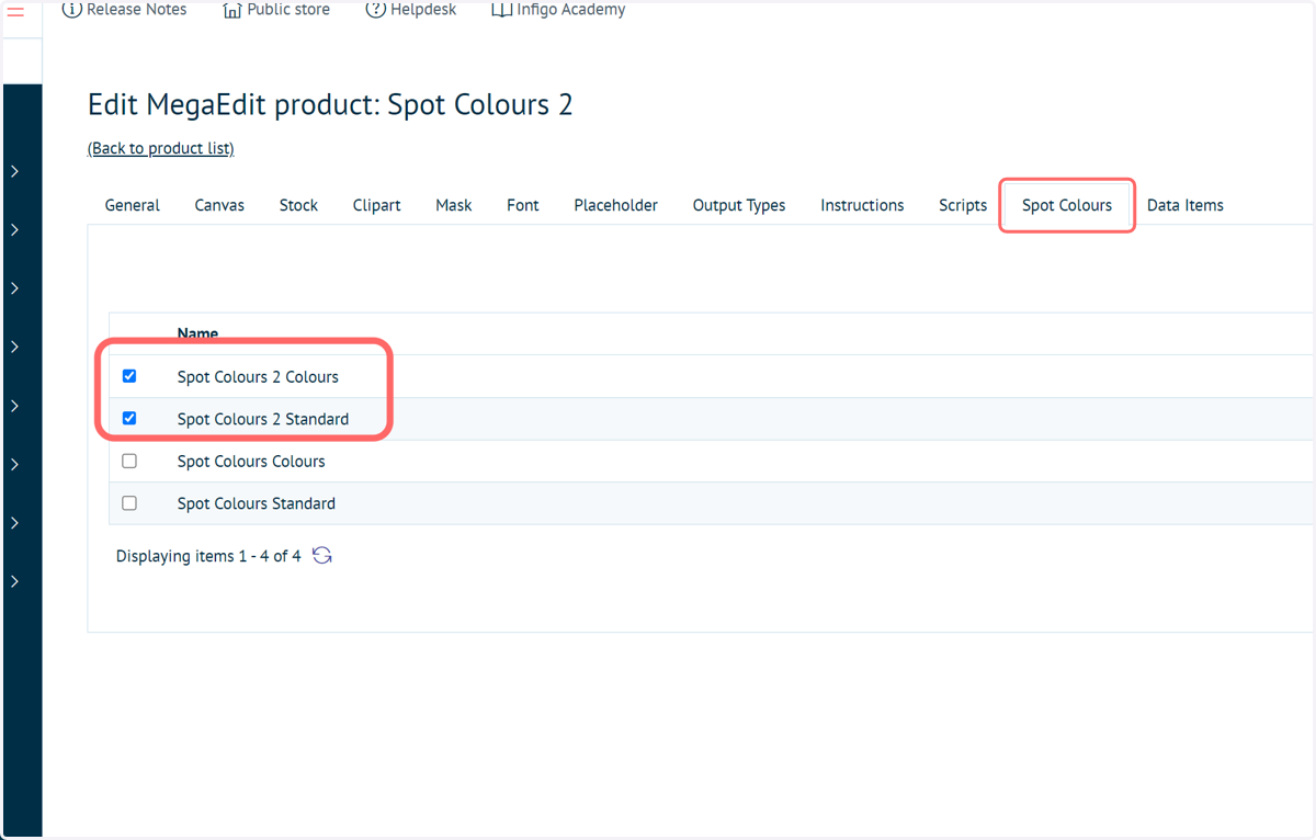 Navigate to the MegaEdit Config settings of your uploaded product and click on Spot Colours