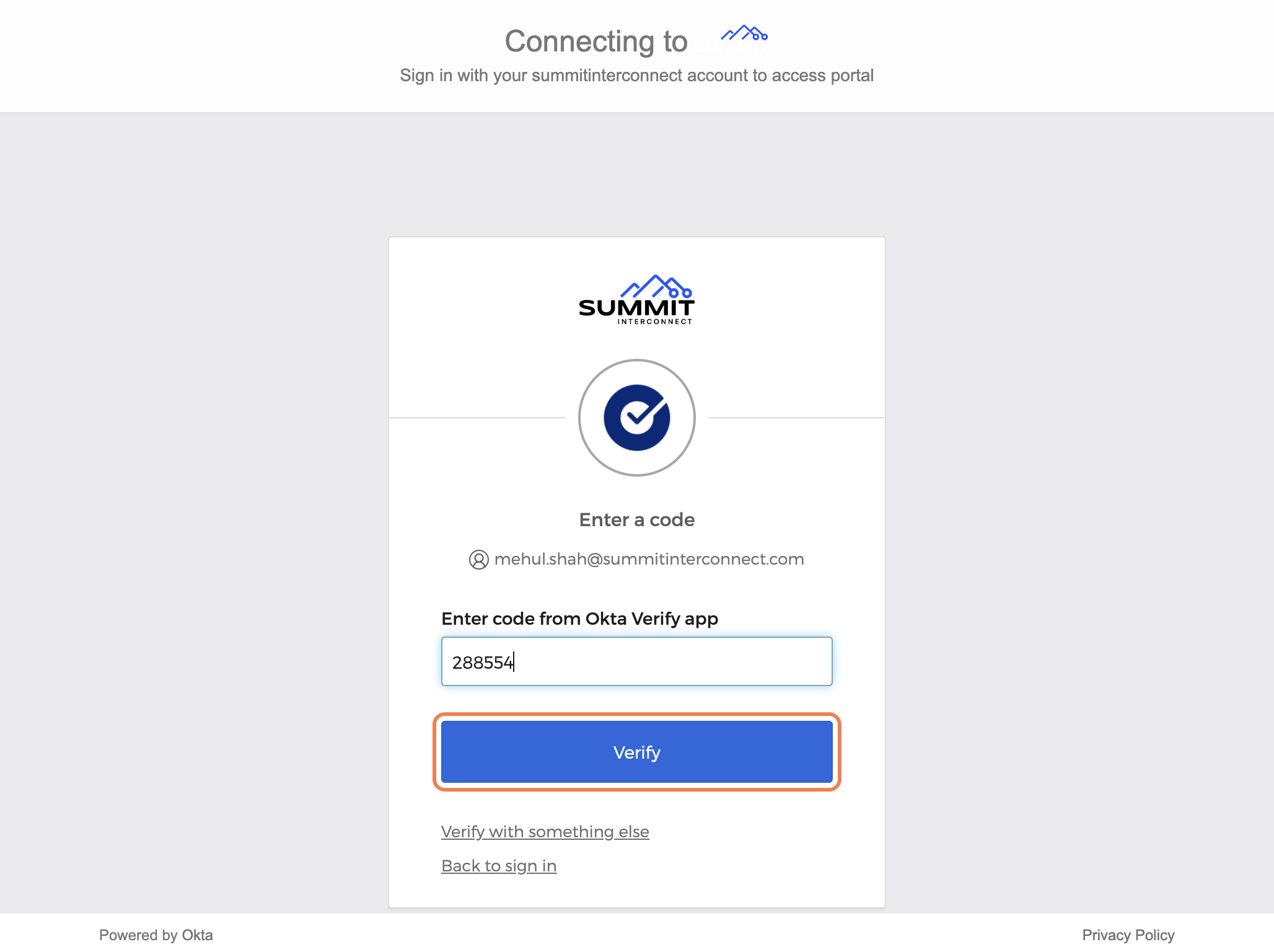 Enter code from Okta Verify app