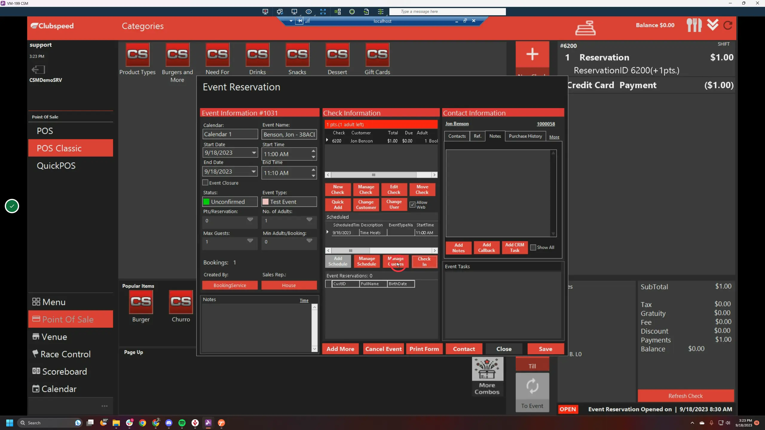 Click Manage Queues to add guest to reservation list