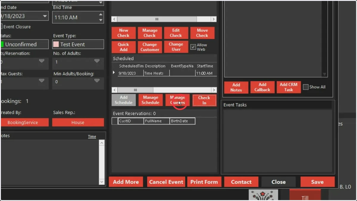 Click Manage Queues to add guest to reservation list