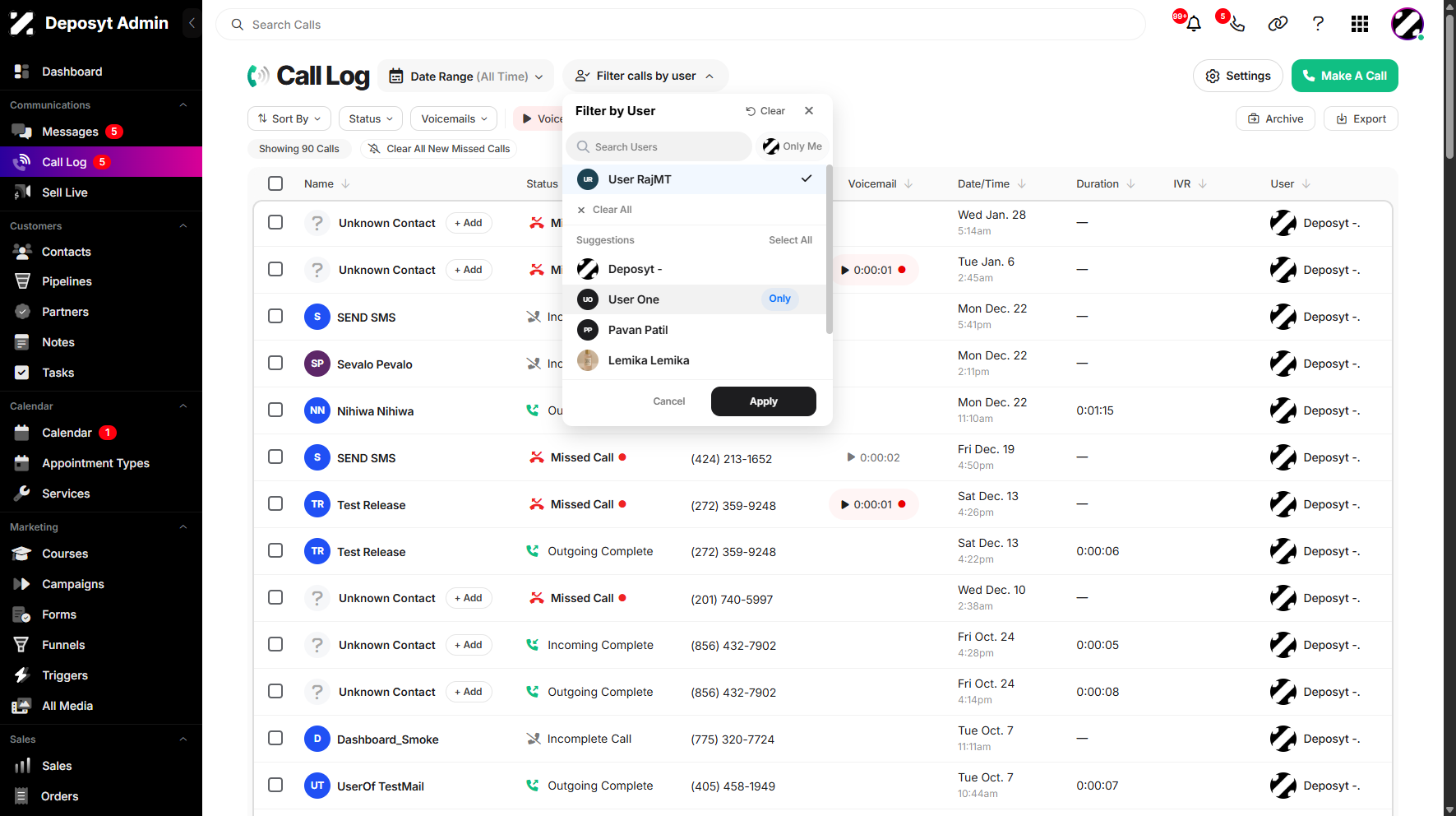 Step 5: Select a user from the list to filter your Call Log.