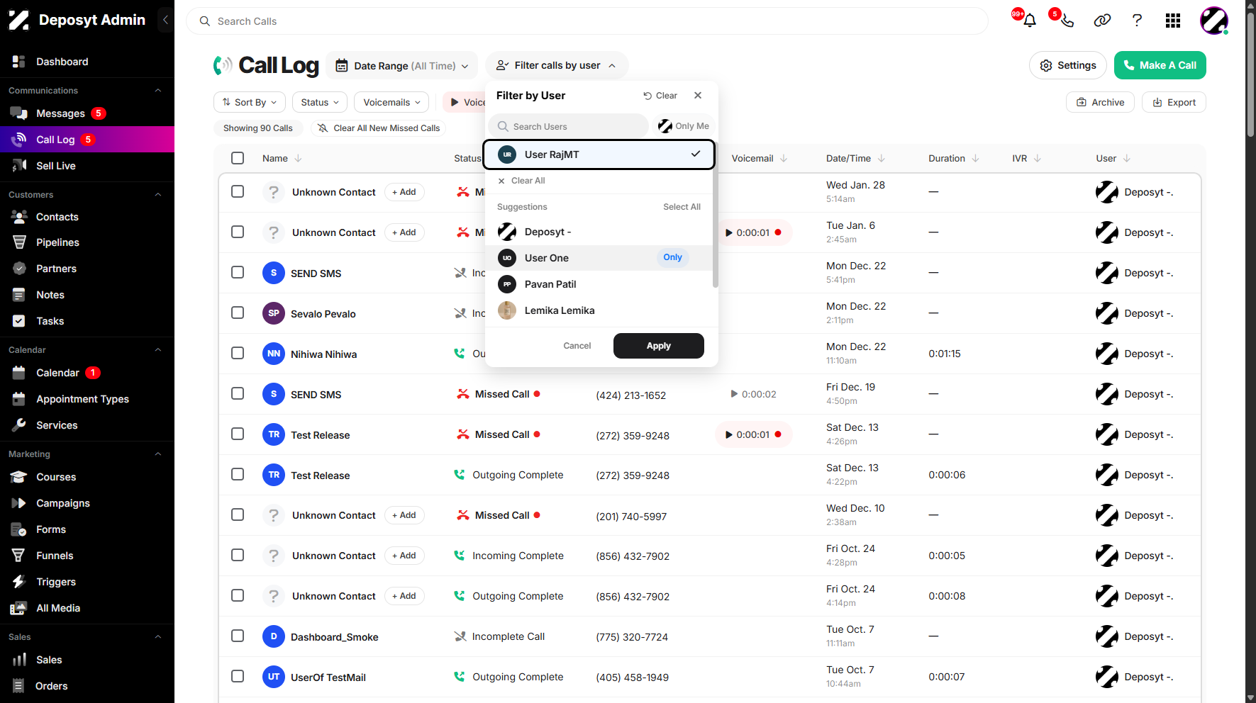 Step 5: Select a user from the list to filter your Call Log.