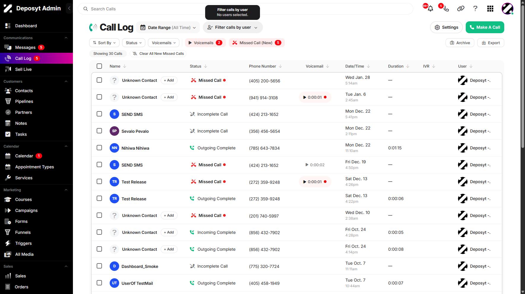 Filtering the Call Log by User