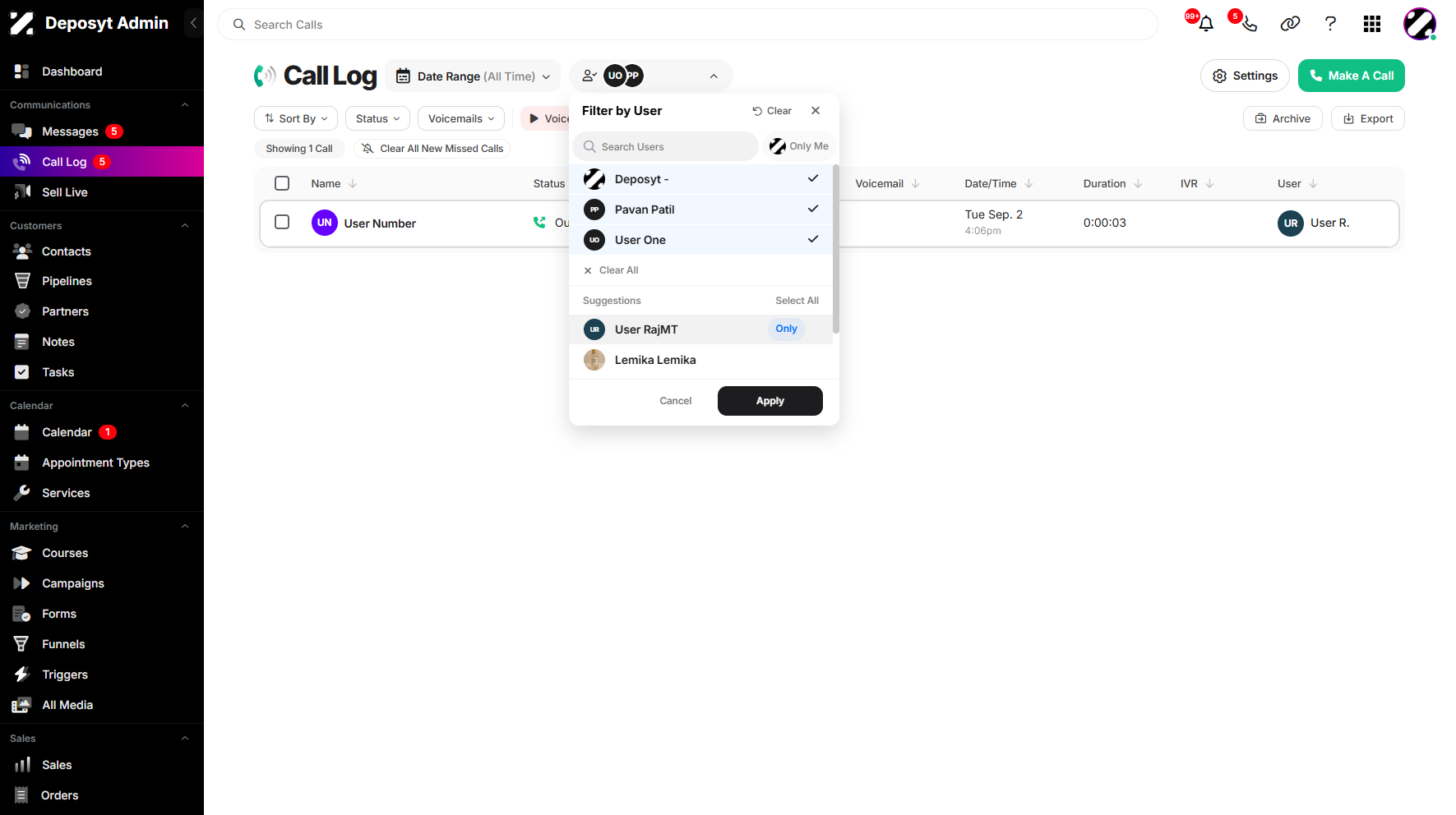 Step 8: You can also select multiple users to filter the Call Log, which allows you to view call activities for all the selected individuals at once.